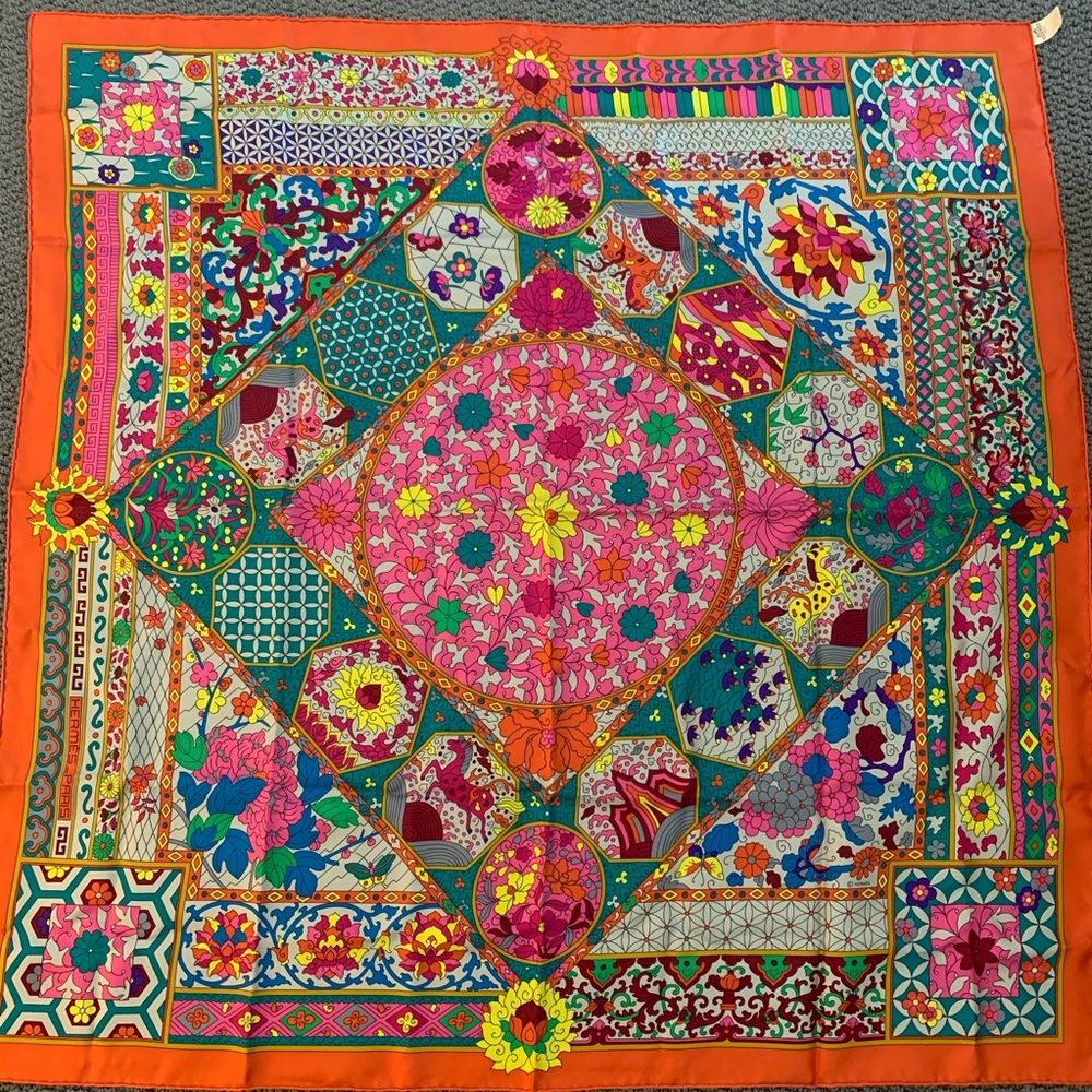 Sold!Authentic Hermes garden orange silk scarf90cm